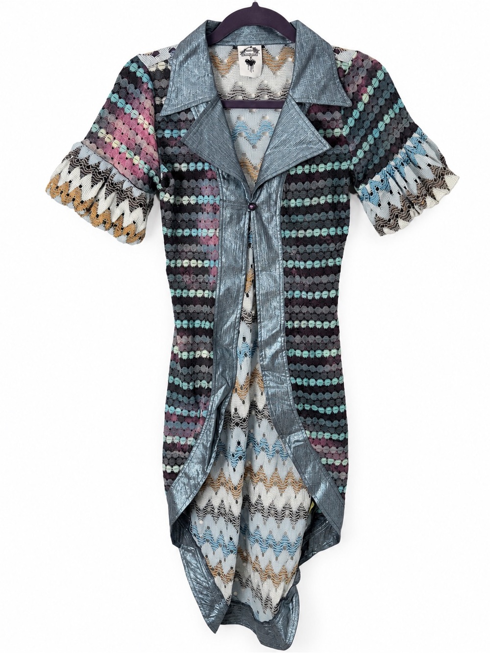 VINTAGE Nuvula Metallic Trim Crochet Knit High Low Duster Jacket Small